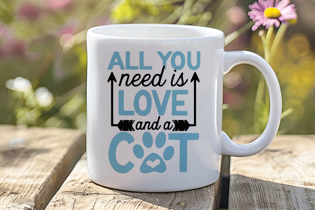ALL YOU Need Is LOVE and a CAT – Orca 11oz Standard Mug in White with Baby Blue vinyl