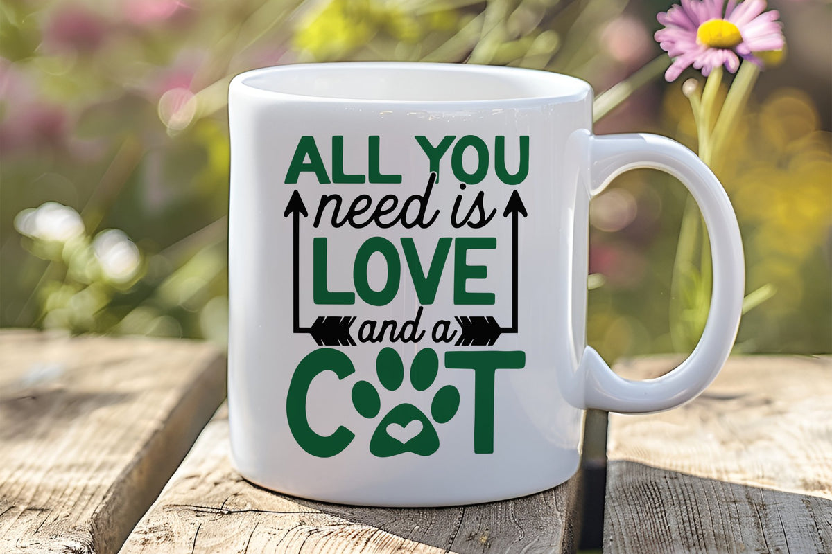 ALL YOU Need Is LOVE and a CAT – Orca 11oz Standard Mug in White with Dark Green vinyl