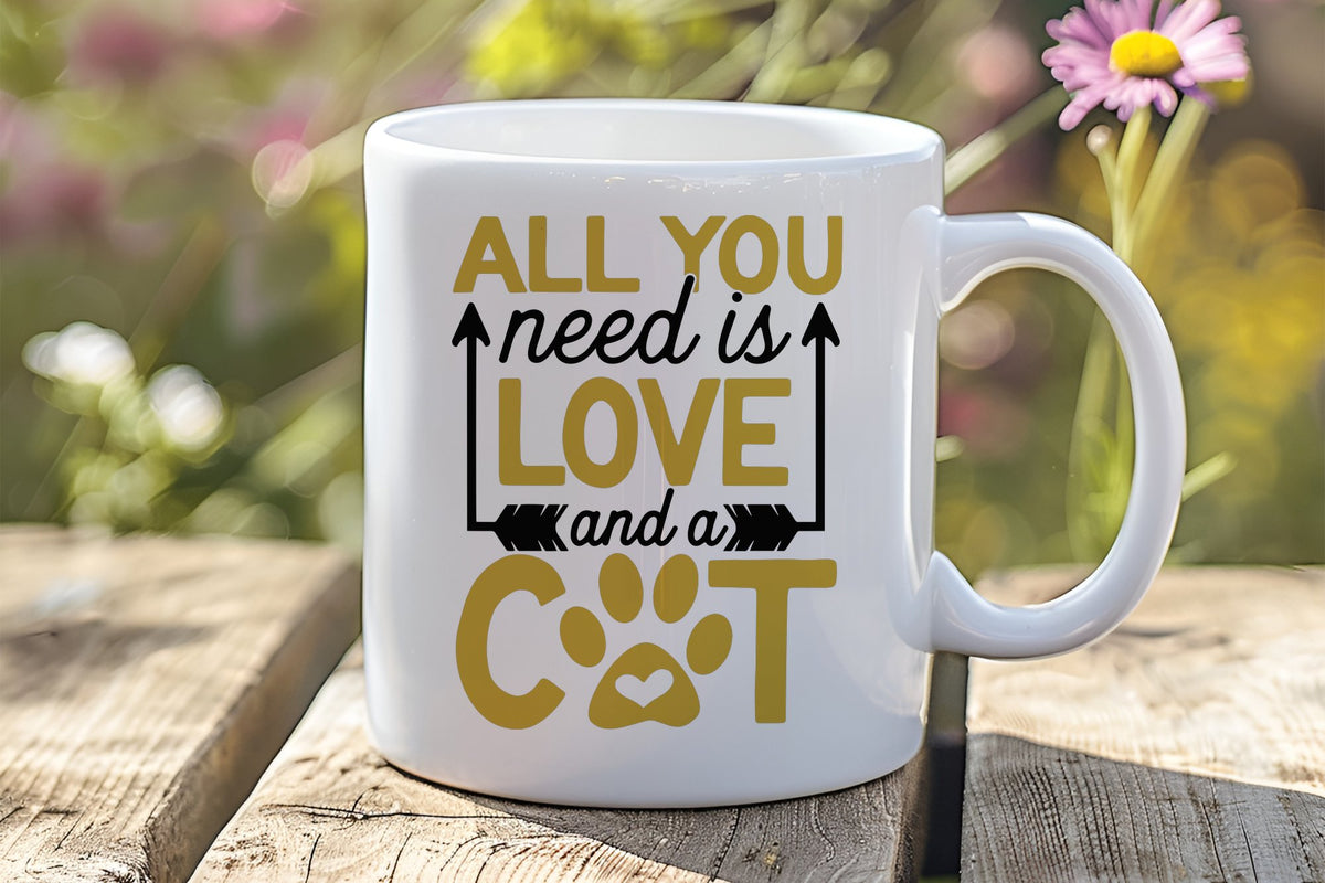 ALL YOU Need Is LOVE and a CAT – Orca 11oz Standard Mug in White with Gold vinyl