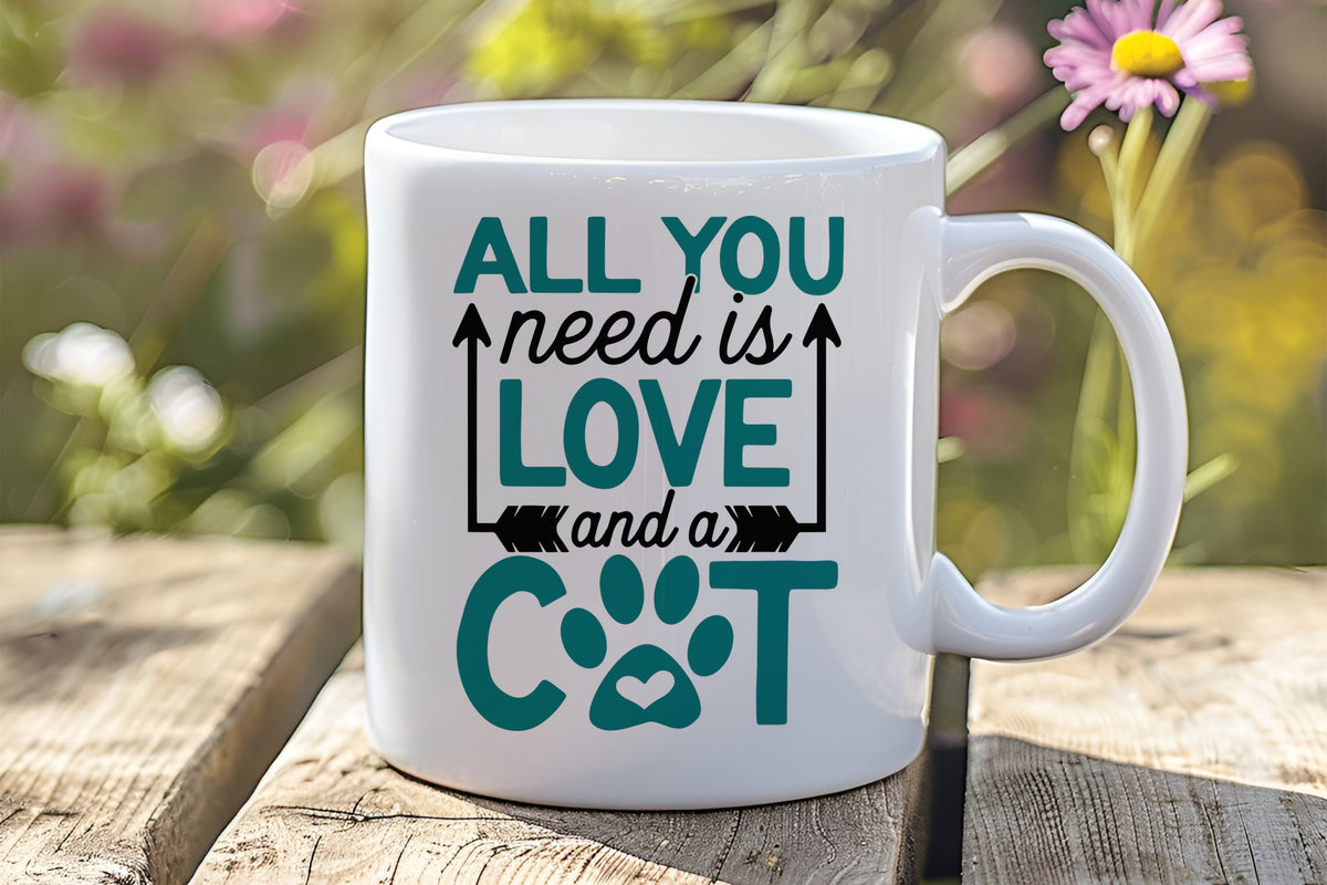 ALL YOU Need Is LOVE and a CAT – Orca 11oz Standard Mug in White with Teal vinyl