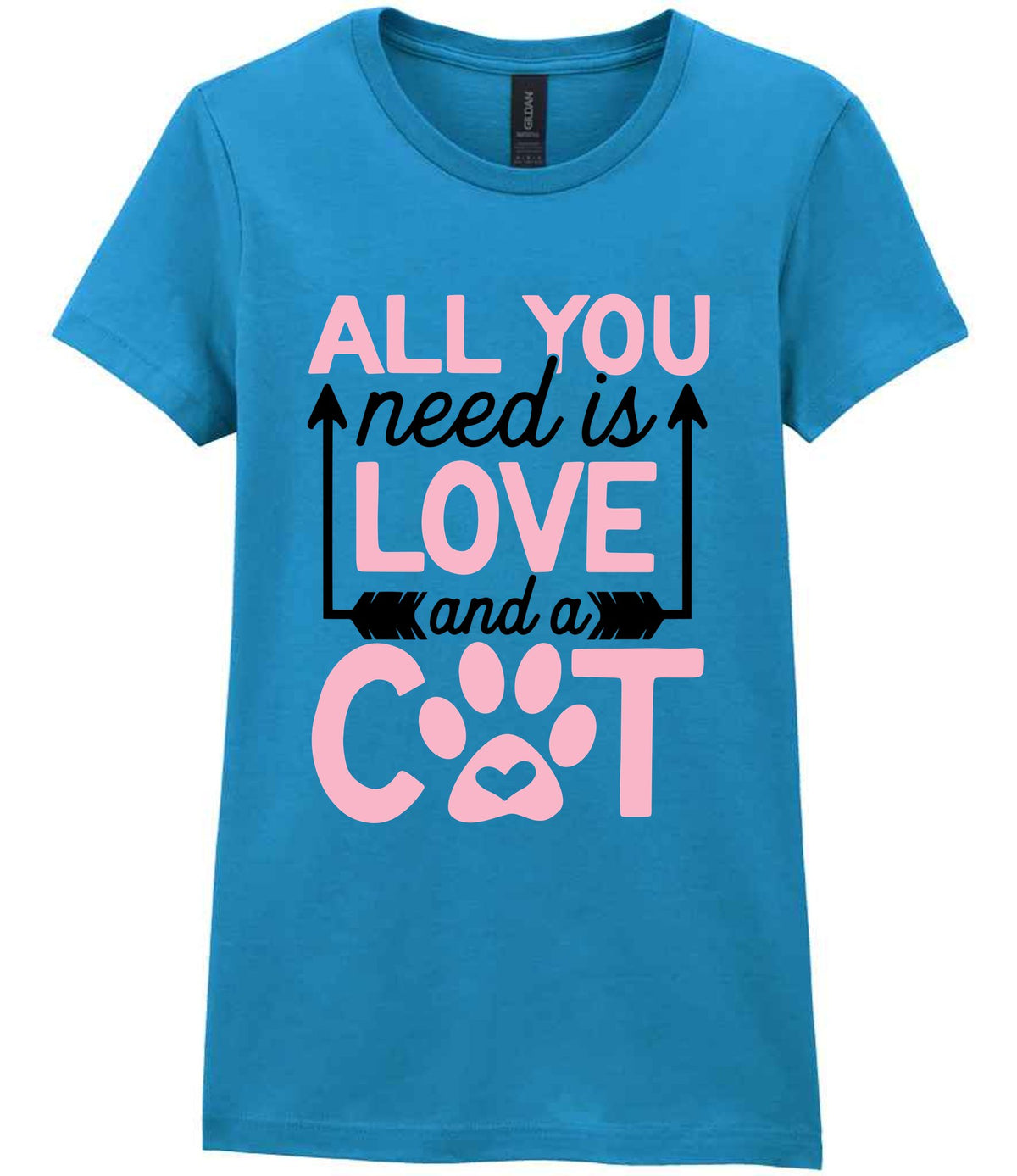 ALL YOU Need Is LOVE and a CAT – Ladies T-Shirt in Antique Sapphire with Baby Pink vinyl