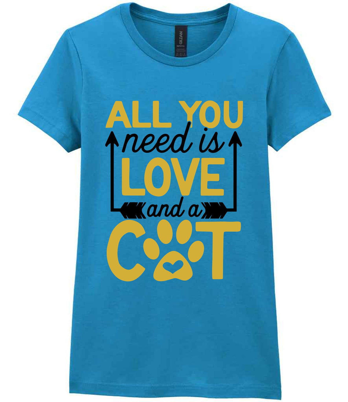 ALL YOU Need Is LOVE and a CAT – Ladies T-Shirt in Antique Sapphire with Gold vinyl