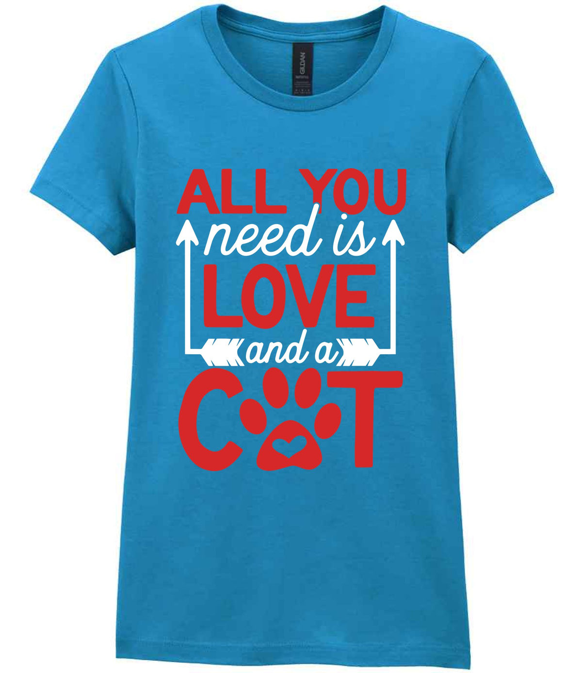 ALL YOU Need Is LOVE and a CAT – Ladies T-Shirt in Antique Sapphire with Red & White vinyl