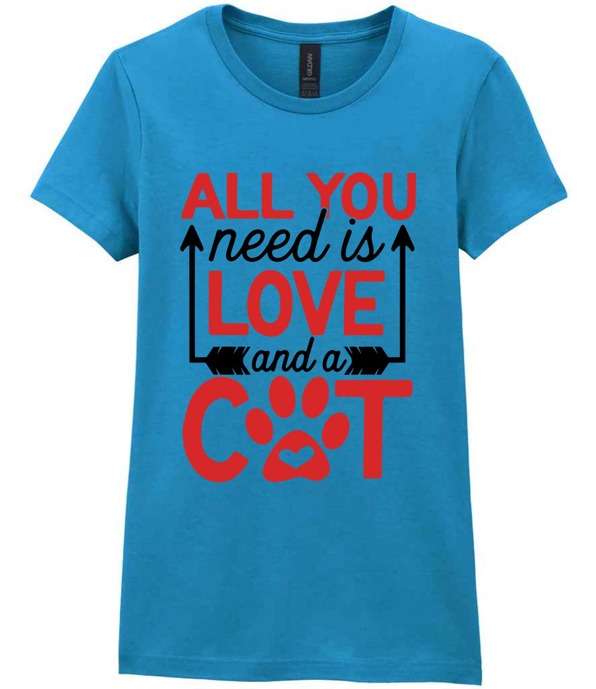ALL YOU Need Is LOVE and a CAT – Ladies T-Shirt in Antique Sapphire with Red vinyl