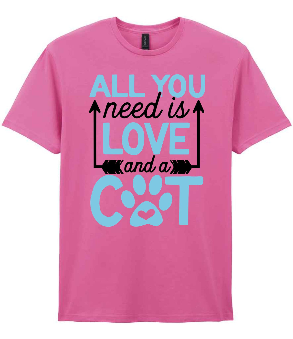 ALL YOU Need Is LOVE and a CAT – Unisex T-Shirt in Azalea with Baby Blue vinyl