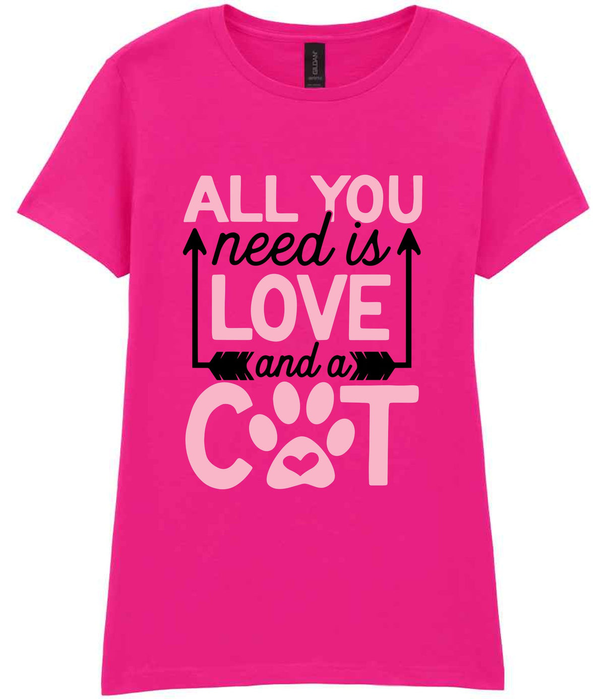 ALL YOU Need Is LOVE and a CAT – Ladies T-Shirt in Azalea with Baby Pink vinyl
