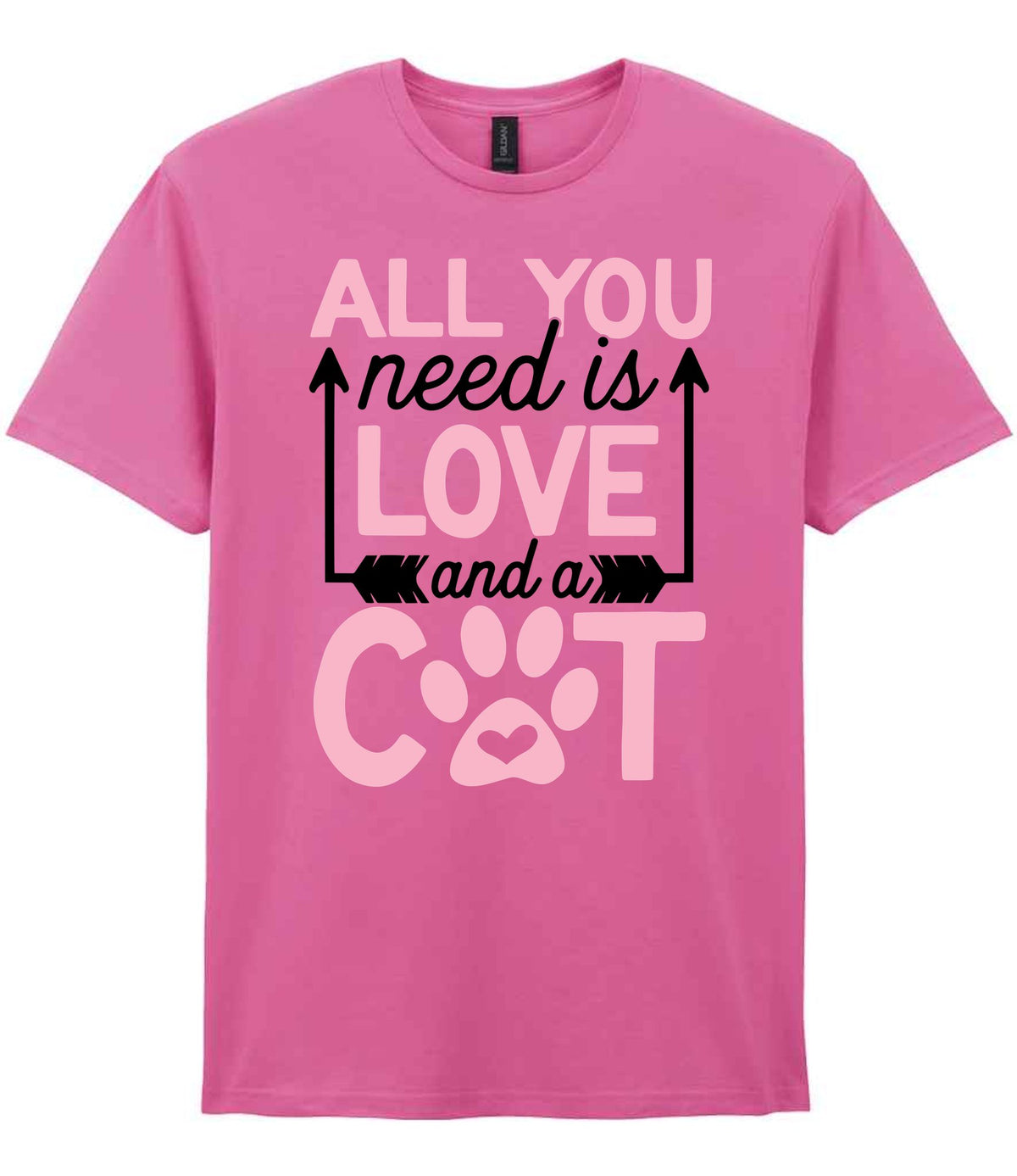 ALL YOU Need Is LOVE and a CAT – Unisex T-Shirt in Azalea with Baby Pink vinyl