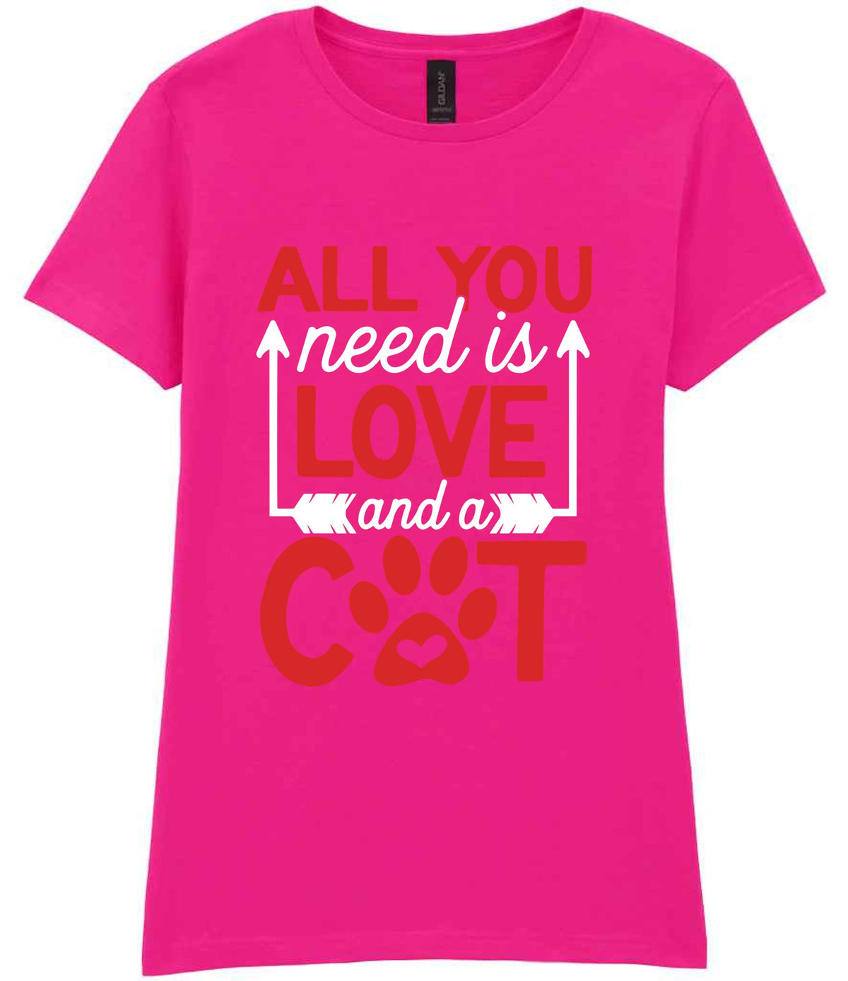 ALL YOU Need Is LOVE and a CAT – Ladies T-Shirt in Azalea with Red & White vinyl