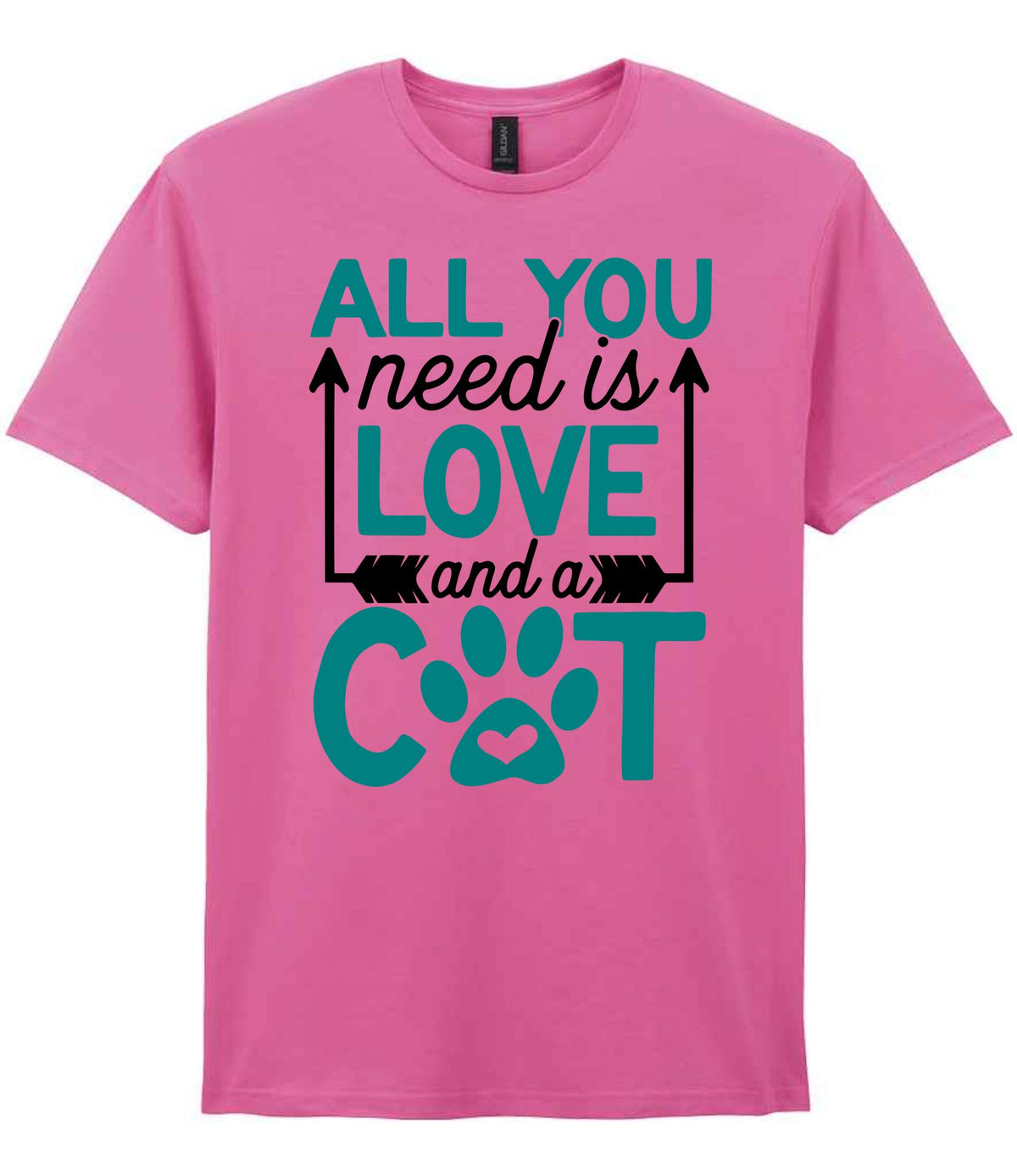 ALL YOU Need Is LOVE and a CAT – Unisex T-Shirt in Azalea with Teal vinyl