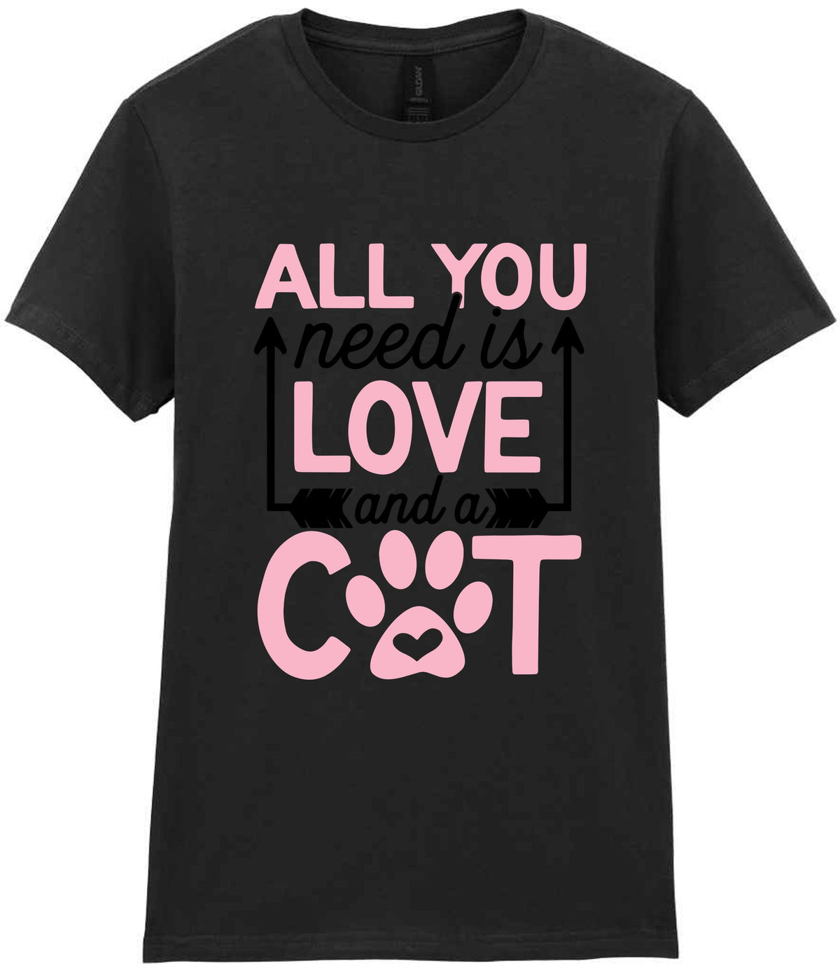 ALL YOU Need Is LOVE and a CAT – Ladies T-Shirt in Black with Baby Pink vinyl