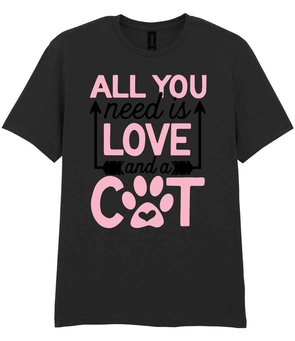 ALL YOU Need Is LOVE and a CAT – Unisex T-Shirt in Black with Baby Pink vinyl