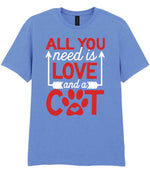 ALL YOU Need Is LOVE and a CAT – Unisex T-Shirt in Carolina Blue with Red & White vinyl