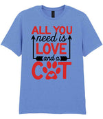 ALL YOU Need Is LOVE and a CAT – Unisex T-Shirt in Carolina Blue with Red vinyl