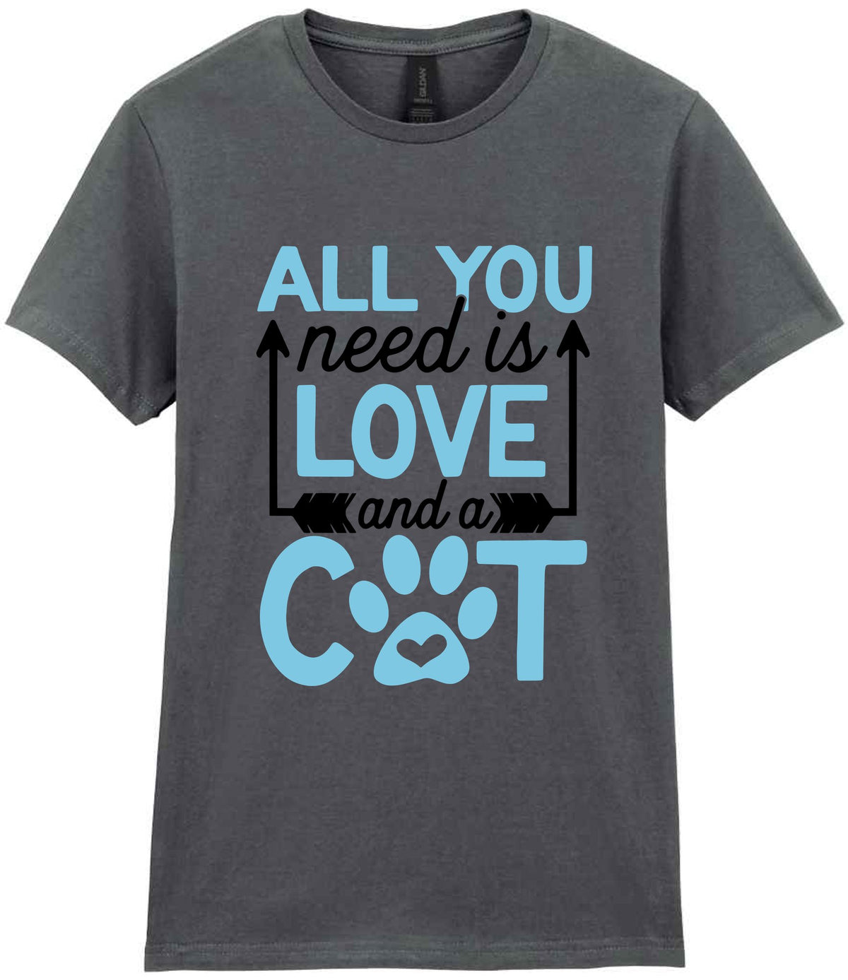 ALL YOU Need Is LOVE and a CAT – Ladies T-Shirt in Charcoal with Baby Blue vinyl