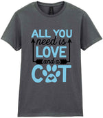 ALL YOU Need Is LOVE and a CAT – Ladies T-Shirt in Charcoal with Baby Blue vinyl