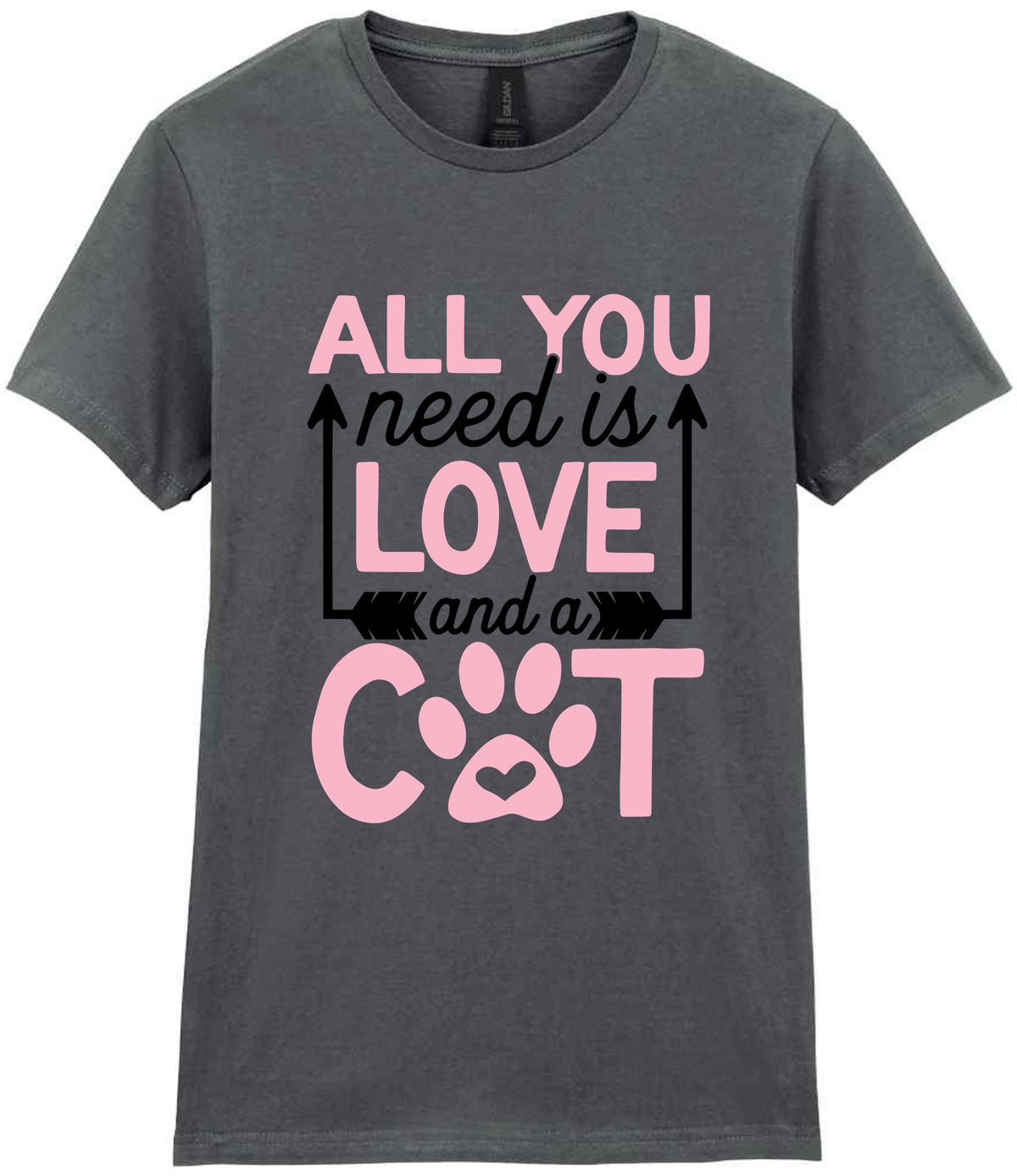 ALL YOU Need Is LOVE and a CAT – Ladies T-Shirt in Charcoal with Baby Pink vinyl
