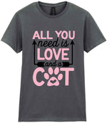 ALL YOU Need Is LOVE and a CAT – Ladies T-Shirt in Charcoal with Baby Pink vinyl