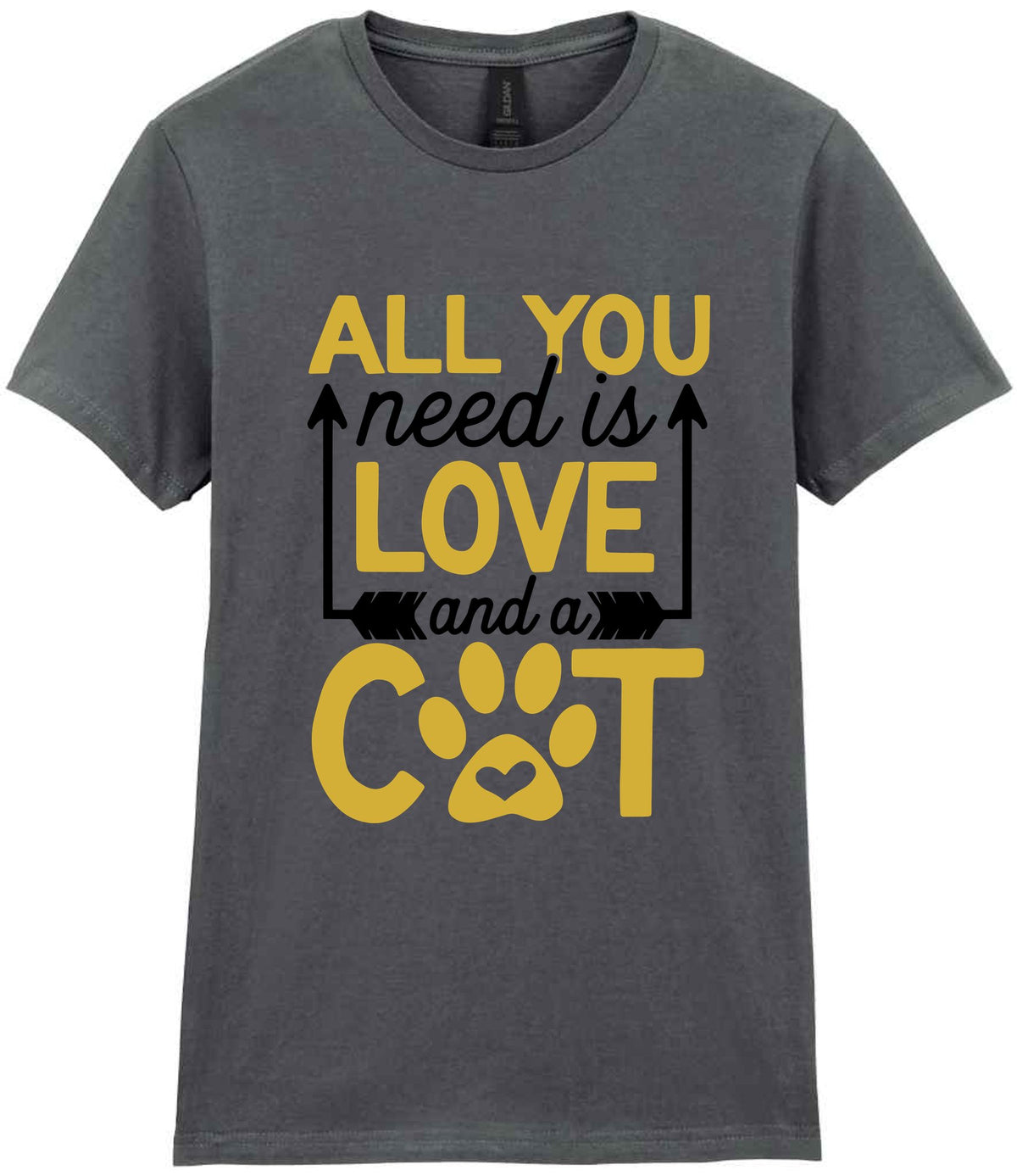ALL YOU Need Is LOVE and a CAT – Ladies T-Shirt in Charcoal with Gold vinyl