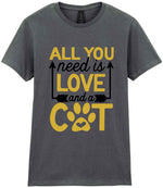 ALL YOU Need Is LOVE and a CAT – Ladies T-Shirt in Charcoal with Gold vinyl