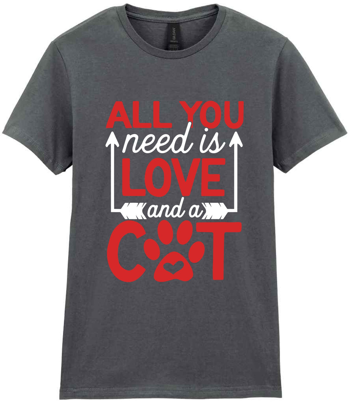 ALL YOU Need Is LOVE and a CAT – Ladies T-Shirt in Charcoal with Red & White vinyl
