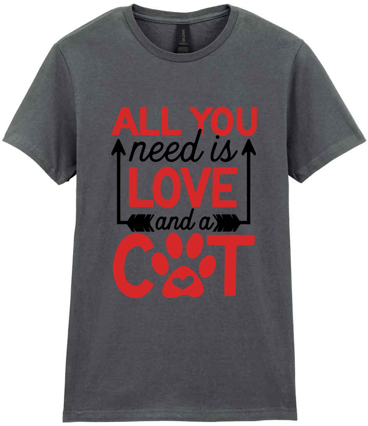 ALL YOU Need Is LOVE and a CAT – Ladies T-Shirt in Charcoal with Red vinyl