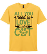 ALL YOU Need Is LOVE and a CAT – Unisex T-Shirt in Daisy with Baby Blue vinyl