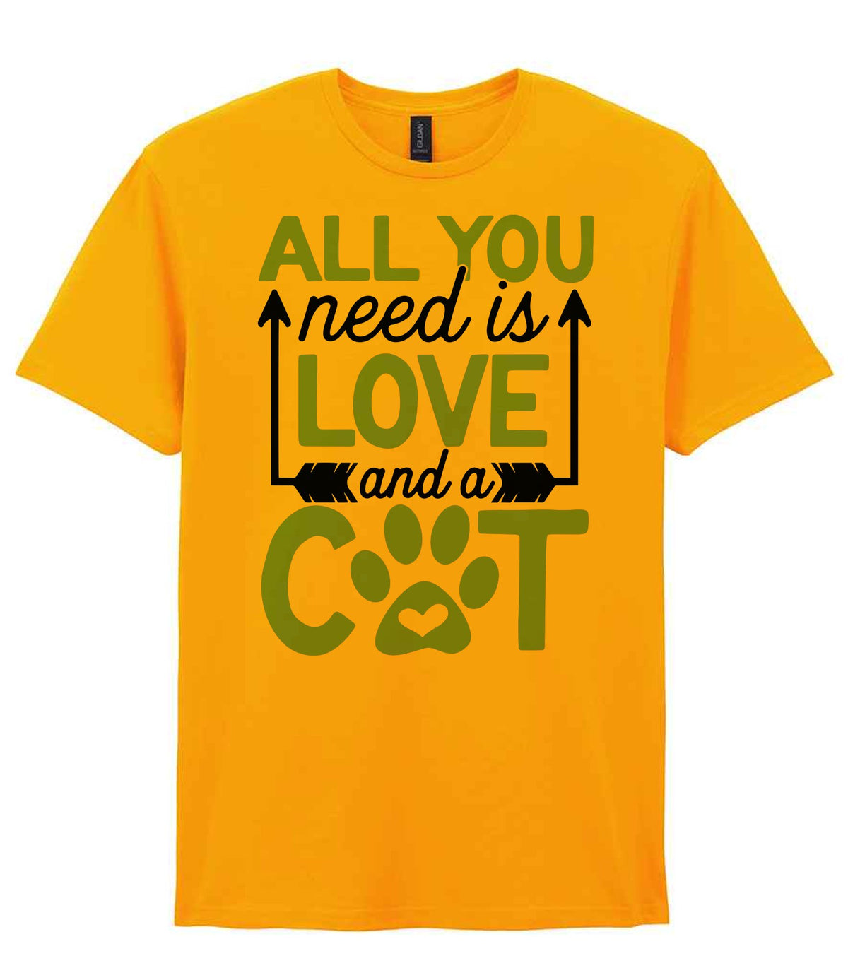 ALL YOU Need Is LOVE and a CAT – Unisex T-Shirt in Gold with Baby Blue vinyl