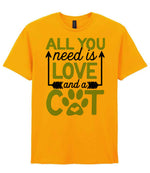 ALL YOU Need Is LOVE and a CAT – Unisex T-Shirt in Gold with Baby Blue vinyl