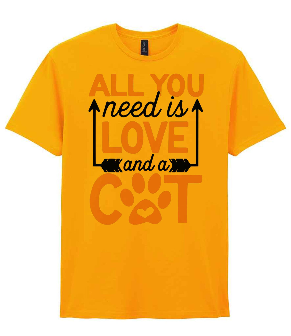 ALL YOU Need Is LOVE and a CAT – Unisex T-Shirt in Gold with Baby Pink vinyl
