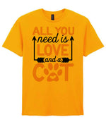 ALL YOU Need Is LOVE and a CAT – Unisex T-Shirt in Gold with Baby Pink vinyl