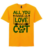 ALL YOU Need Is LOVE and a CAT – Unisex T-Shirt in Gold with Dark Green vinyl