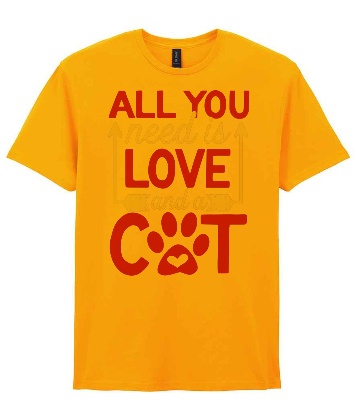 ALL YOU Need Is LOVE and a CAT – Unisex T-Shirt in Gold with Red & White vinyl