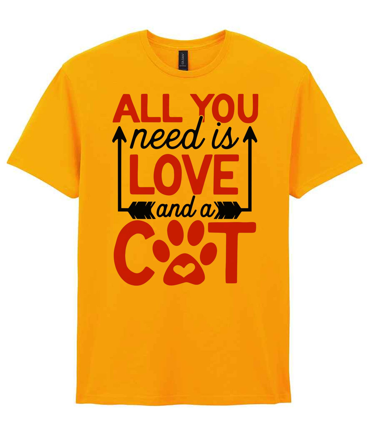 ALL YOU Need Is LOVE and a CAT – Unisex T-Shirt in Gold with Red vinyl