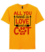 ALL YOU Need Is LOVE and a CAT – Unisex T-Shirt in Gold with Red vinyl