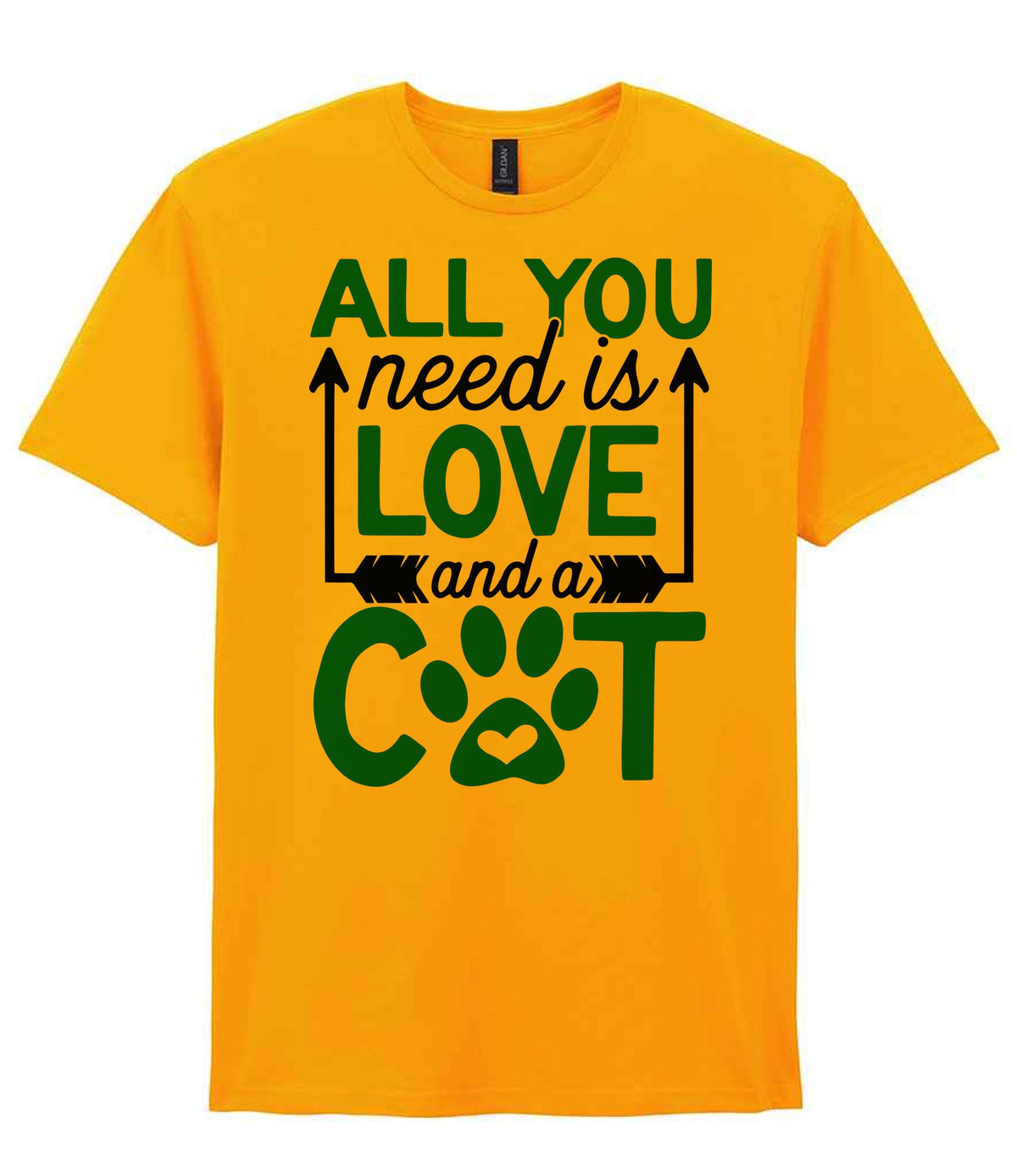 ALL YOU Need Is LOVE and a CAT – Unisex T-Shirt in Gold with Teal vinyl