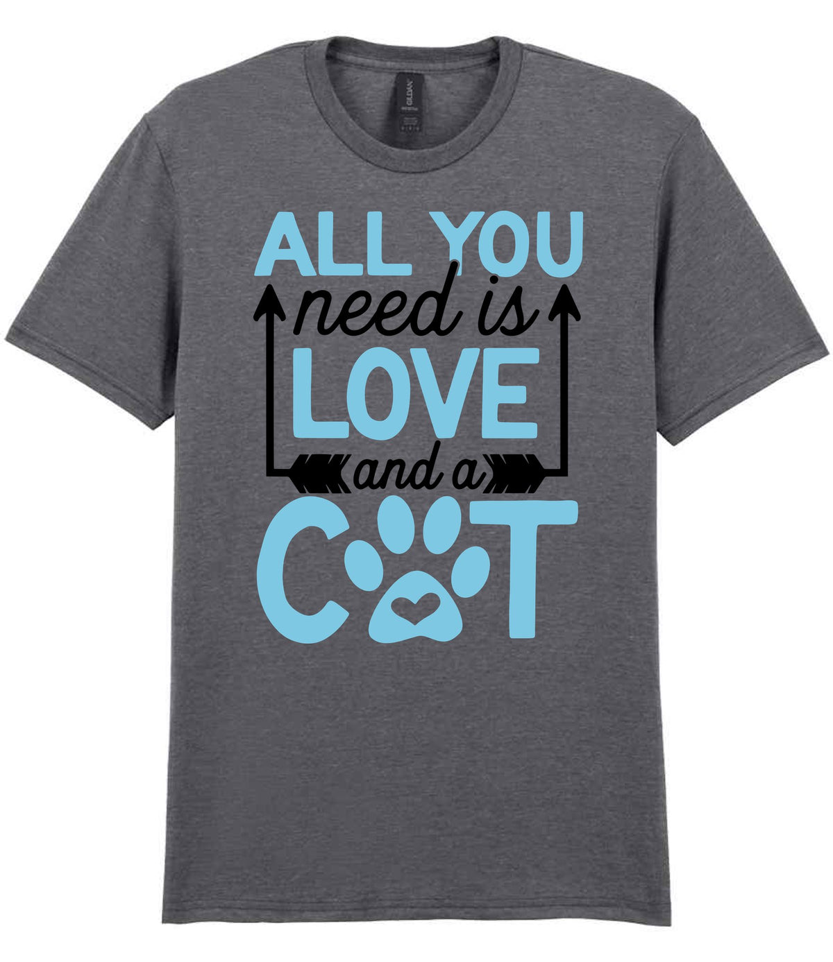 ALL YOU Need Is LOVE and a CAT – Unisex T-Shirt in Graphite Heather with Baby Blue vinyl