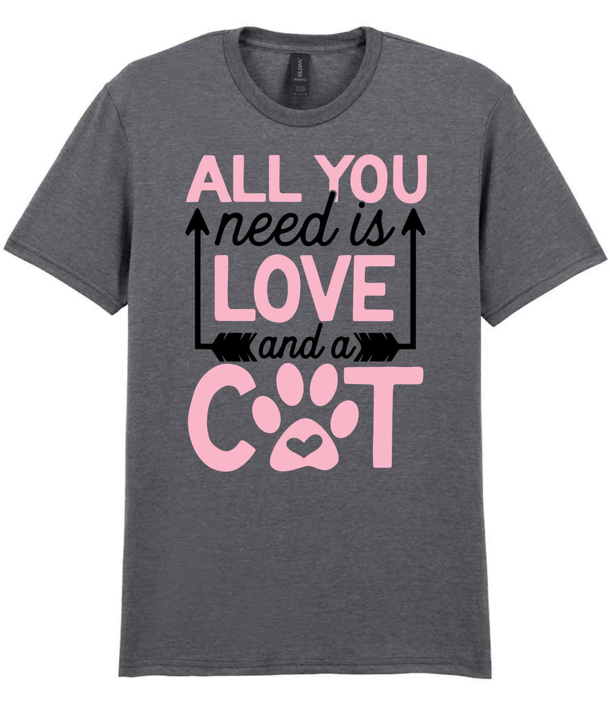 ALL YOU Need Is LOVE and a CAT – Unisex T-Shirt in Graphite Heather with Baby Pink vinyl