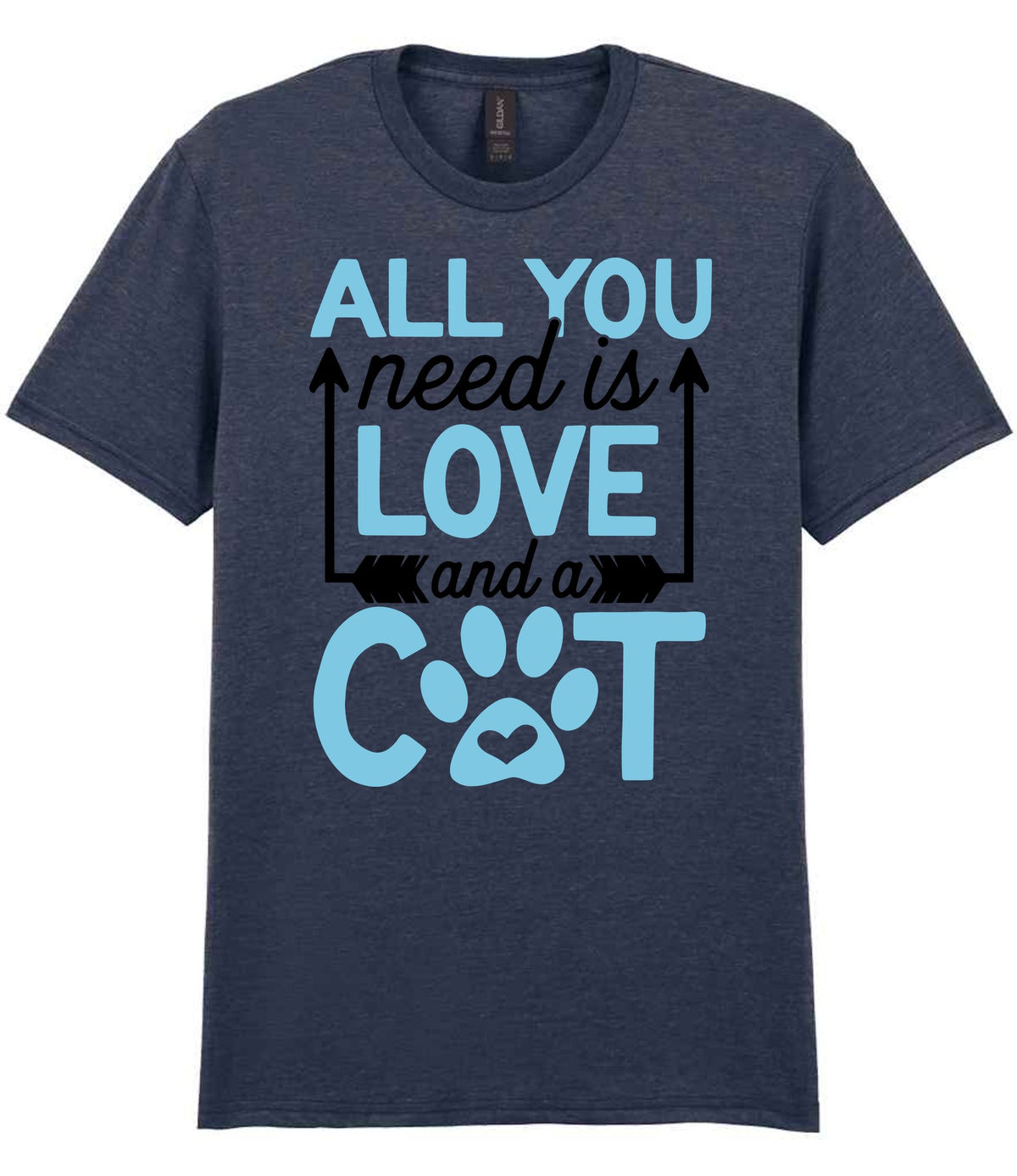 ALL YOU Need Is LOVE and a CAT – Unisex T-Shirt in Heather Navy with Baby Blue vinyl