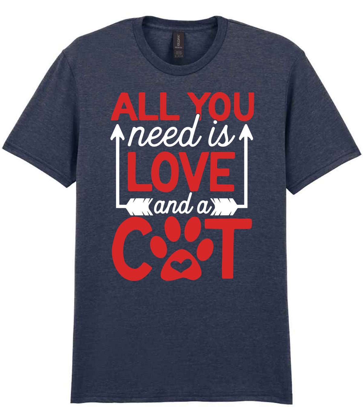ALL YOU Need Is LOVE and a CAT – Unisex T-Shirt in Heather Navy with Red & White vinyl