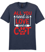 ALL YOU Need Is LOVE and a CAT – Unisex T-Shirt in Heather Navy with Red & White vinyl