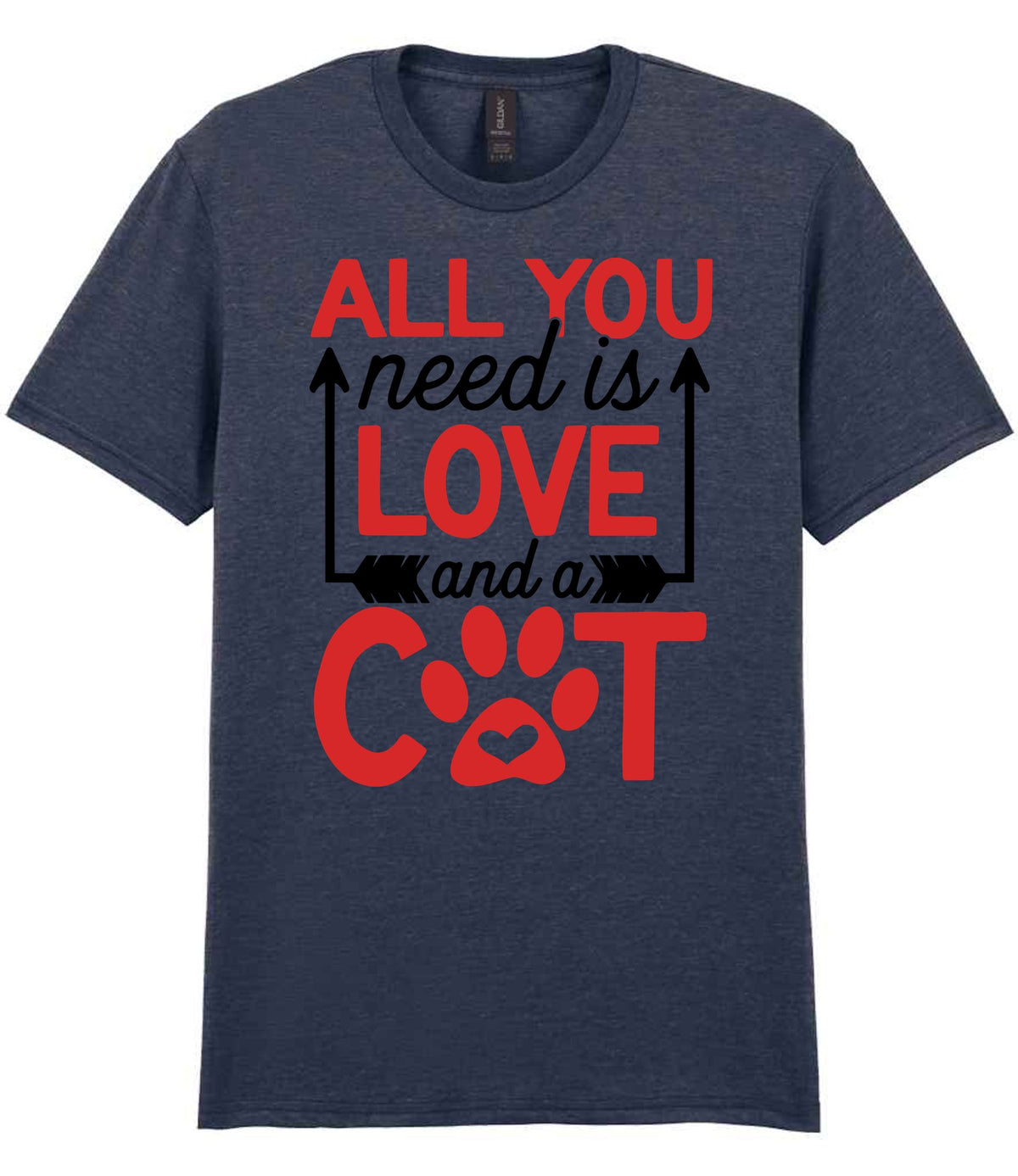 ALL YOU Need Is LOVE and a CAT – Unisex T-Shirt in Heather Navy with Red vinyl