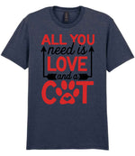 ALL YOU Need Is LOVE and a CAT – Unisex T-Shirt in Heather Navy with Red vinyl