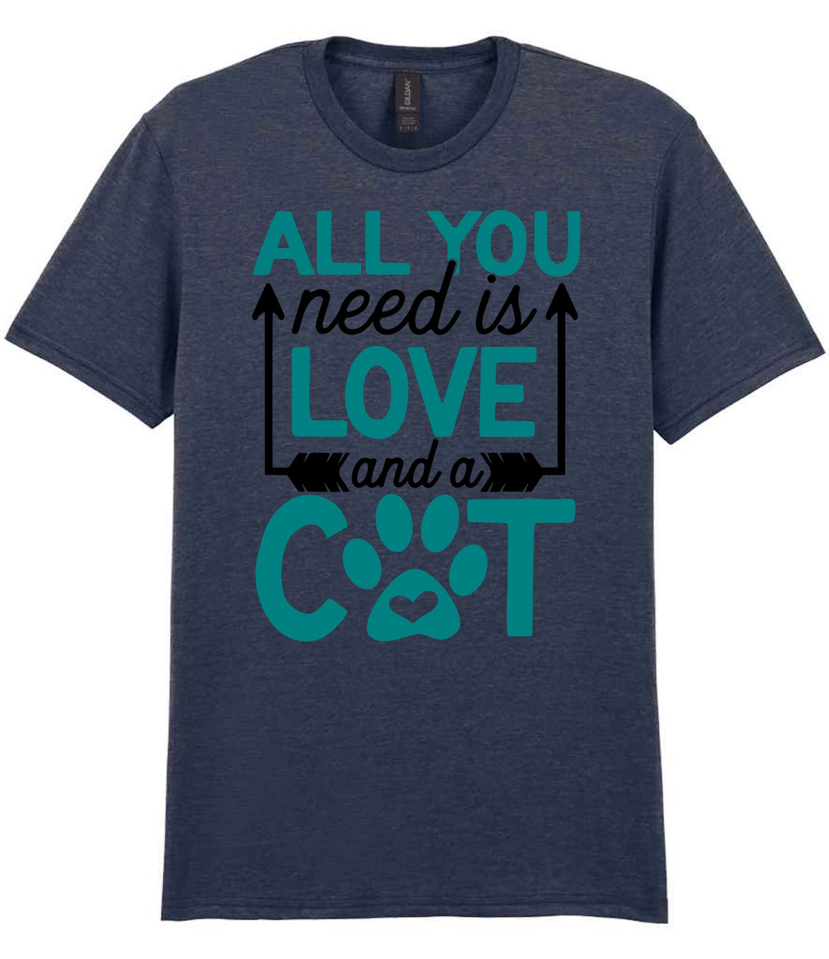 ALL YOU Need Is LOVE and a CAT – Unisex T-Shirt in Heather Navy with Teal vinyl