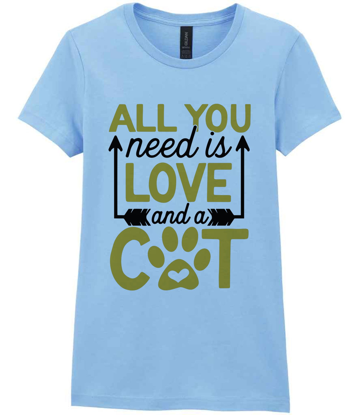 ALL YOU Need Is LOVE and a CAT – Ladies T-Shirt in Light Blue with Gold vinyl