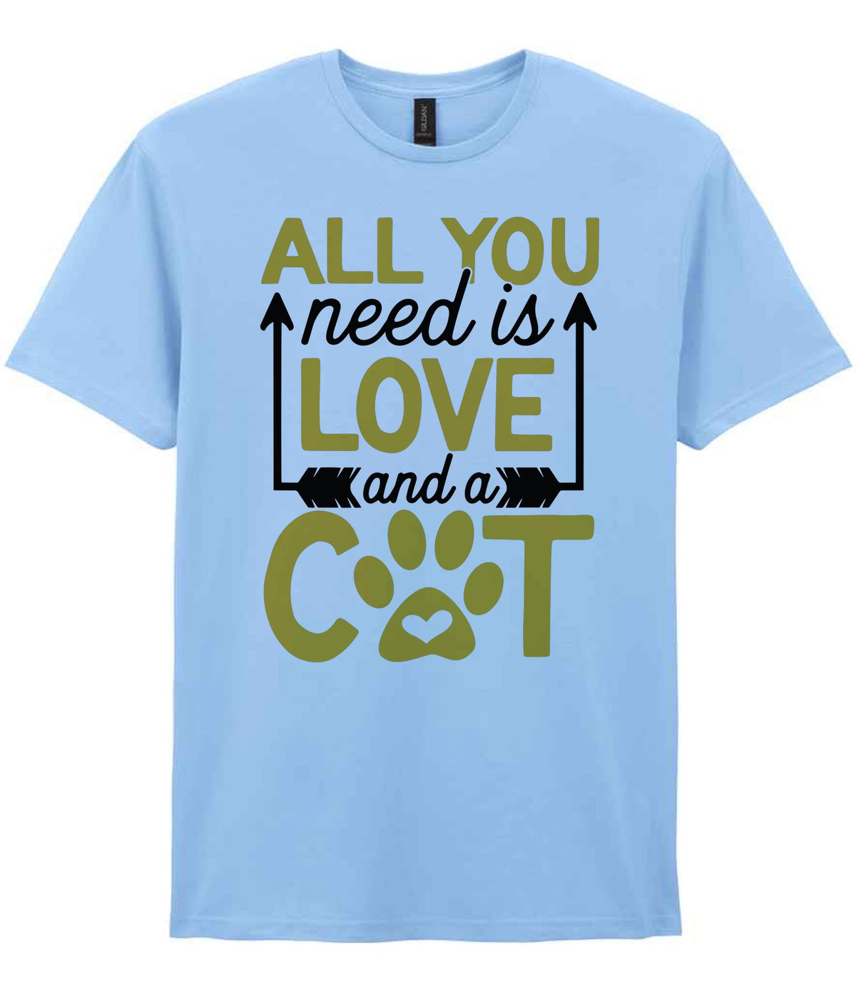 ALL YOU Need Is LOVE and a CAT – Unisex T-Shirt in Light Blue with Gold vinyl