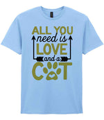ALL YOU Need Is LOVE and a CAT – Unisex T-Shirt in Light Blue with Gold vinyl