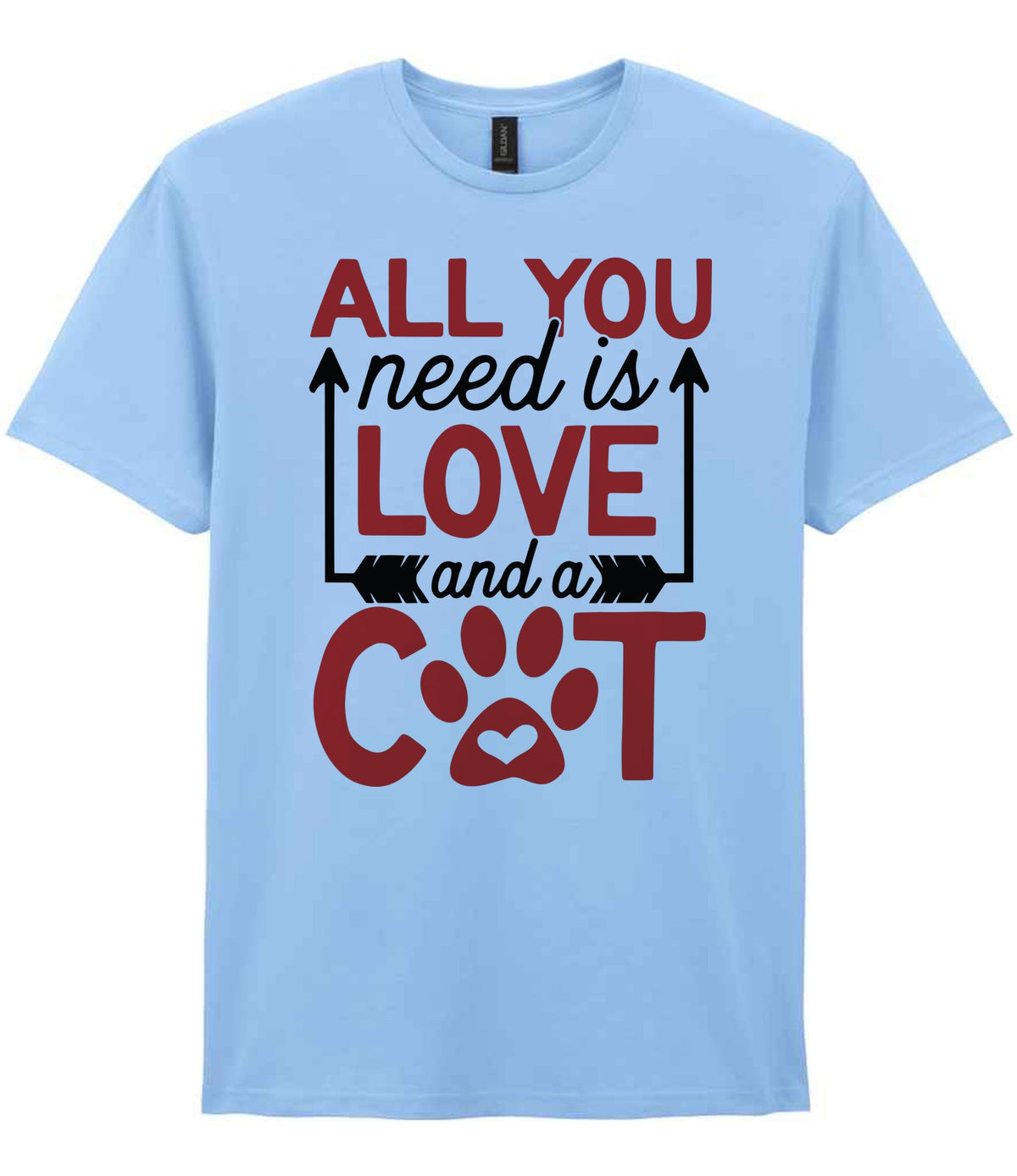 ALL YOU Need Is LOVE and a CAT – Unisex T-Shirt in Light Blue with Red vinyl