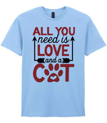 ALL YOU Need Is LOVE and a CAT – Unisex T-Shirt in Light Blue with Red vinyl