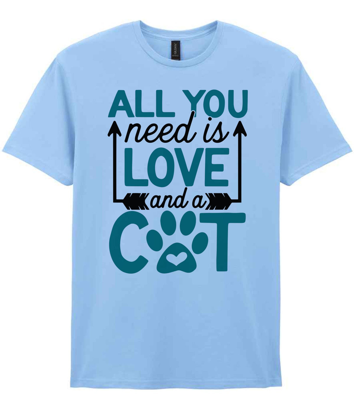 ALL YOU Need Is LOVE and a CAT – Unisex T-Shirt in Light Blue with Teal vinyl