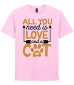 ALL YOU Need Is LOVE and a CAT – Unisex T-Shirt in Light Pink with Gold vinyl